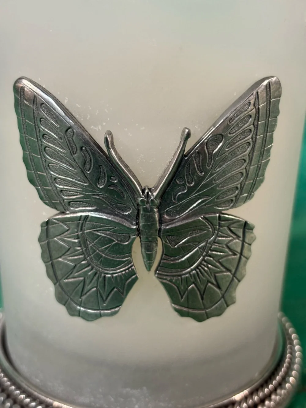Heritage Frosted Glass Butterfly Candle Holder - White & Silver